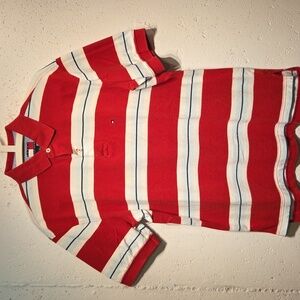 Tommy Hilfiger Men's Polo in Red, White, Black & Light Blue Stripes (Medium)
